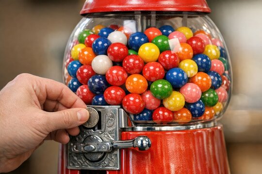 A person holding a gum ball machine filled with colorful gumballs, ready to dispense treats