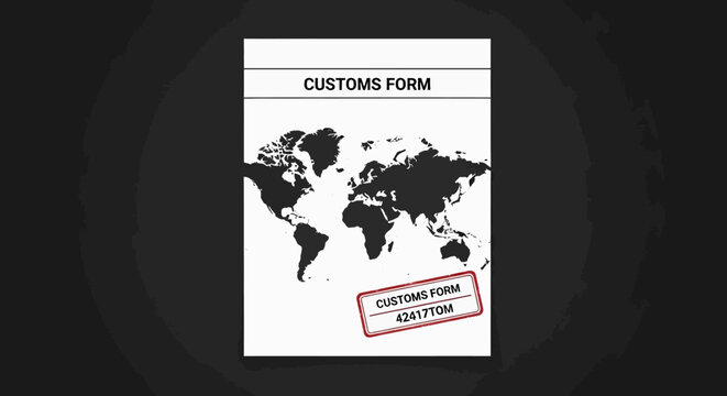Customs form document with a world map illustration and a red rubber stamp.