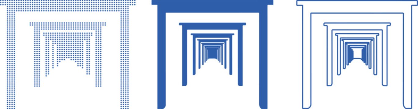Three Blue Tunnel Designs Dot Filled Solid Line Art and Solid Fill perspective corridor