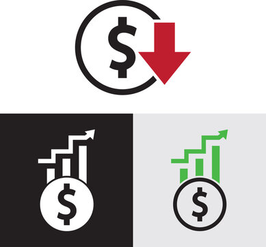 Dollar up and down icon. Price decrease and increase symbol.