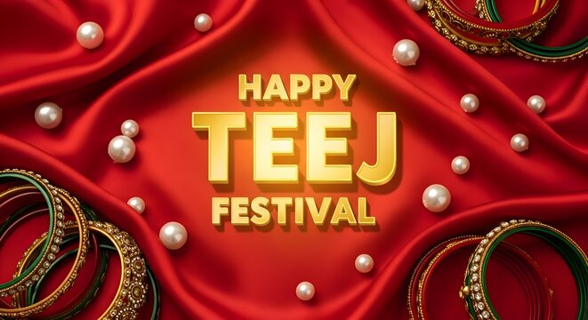 Happy Teej festival text with golden bangles and pearls on red silk cloth