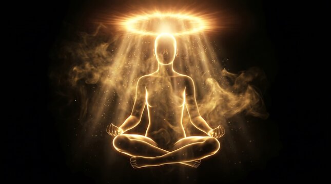 Glowing human figure meditates in lotus position with halo and divine light on black background