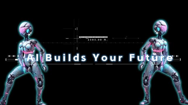 Futuristic robotic humanoid figures with neon glow on black background with ai builds your future text