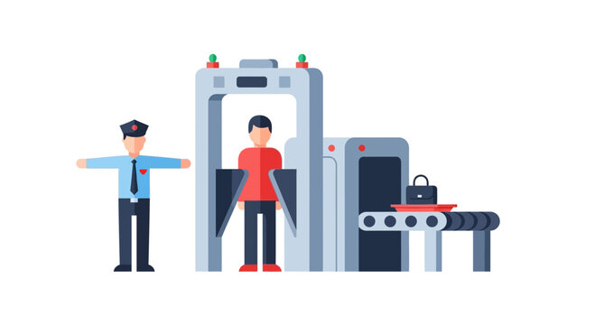 Airport Security Checkpoint with Metal Detector and Guard