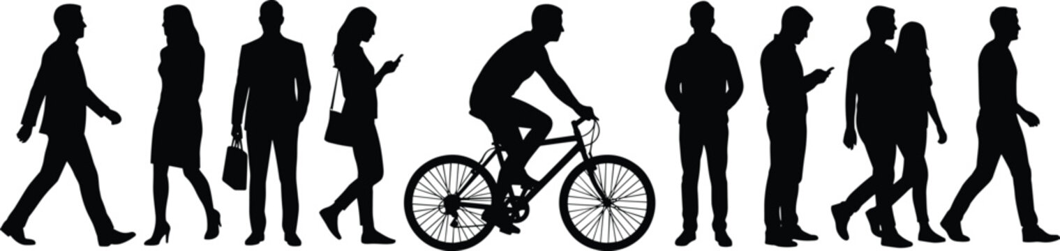 Black silhouette figures cycling walking running and a bicycle in a row people