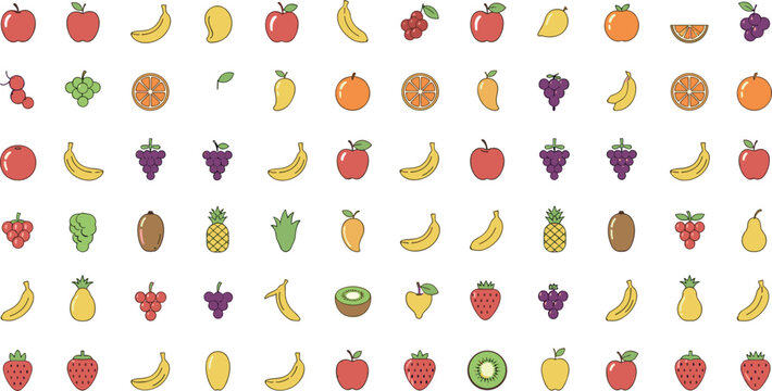 Fruit pattern illustration featuring assorted apples bananas grapes strawberries kiwi pineapple and citrus elements in colorful flat style
