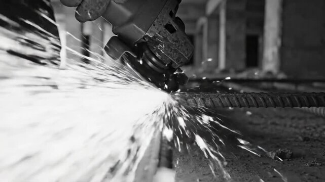 Cutting through rebar with an angle grinder, construction work in progress, black and white industrial setting