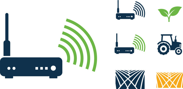 Smart farming and digital agriculture icon set with wireless router tractor crop field and plant sprout symbols for modern agritech technology