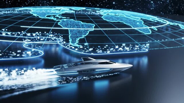 Futuristic speedboat gliding across a digital ocean with a glowing world map projection, showcasing high-tech navigation and sleek design in a cosmic setting
