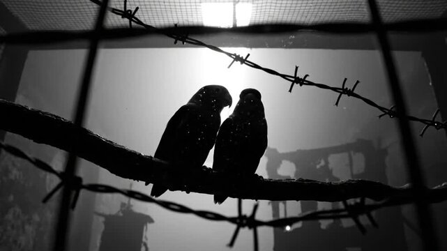Black and white shot of two silhouette birds perched on a branch behind barbed wire in front of a window