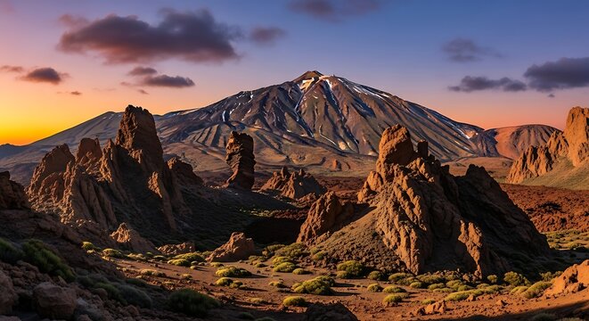 Majestic Teide Volcano and Lunar Landscape at Sunset in Tenerife.