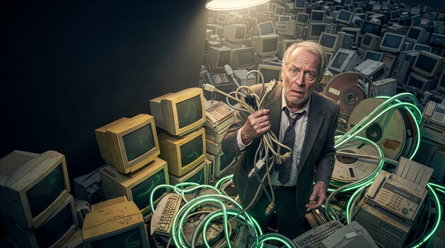 Senior businessman overwhelmed by tangled cables in a warehouse of obsolete computer technology