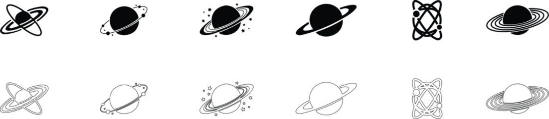 Saturn planet, ringed world and galaxy icon set collection group in flat and line style vector, space, cosmic, astronomy, orbit, universe symbols bundle © AbdulJabbar