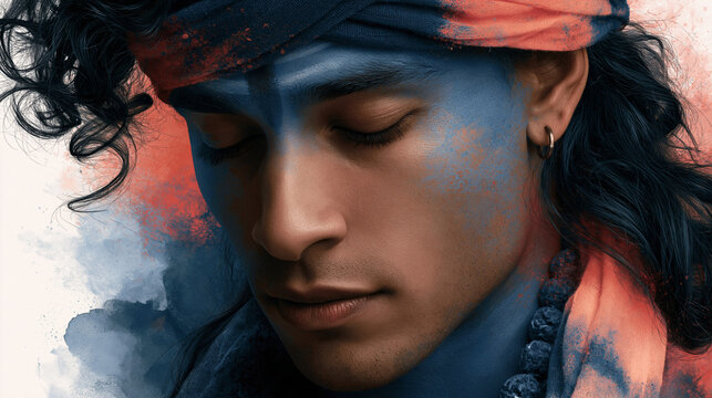 Portrait of lord shiva with blue skin and closed eyes in traditional headscarf for spiritual poster and devotional background design
