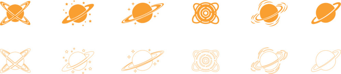 Saturn planet, ringed world and galaxy icon set collection group in flat and line style vector, space, cosmic, astronomy, orbit, universe symbols bundle © AbdulJabbar
