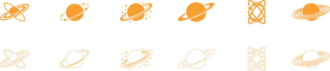 Saturn planet, ringed world and galaxy icon set collection group in flat and line style vector, space, cosmic, astronomy, orbit, universe symbols bundle © AbdulJabbar