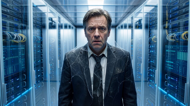 Shocked IT professional covered in cobwebs standing in modern data center server room