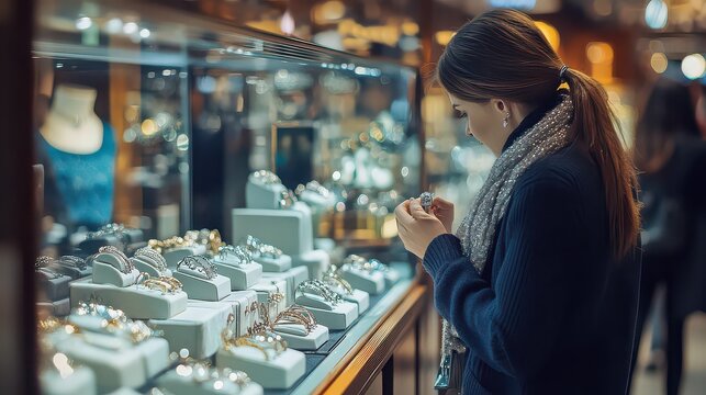 Woman browsing jewelry display cases in elegant boutique with sparkling accessories
