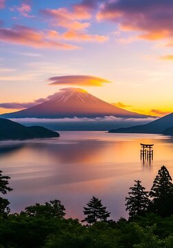 Mount Fuji and Lake Ashi at Sunset with Torii Gate Reflected in Water.