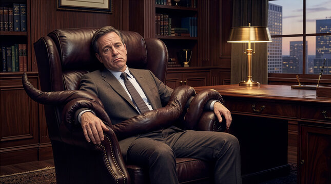 Middle aged businessman caught by brown leather tentacles of his office chair in a dark classic corporate office