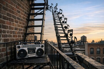 Fototapeta premium A radio sitting on top of a metal ladder