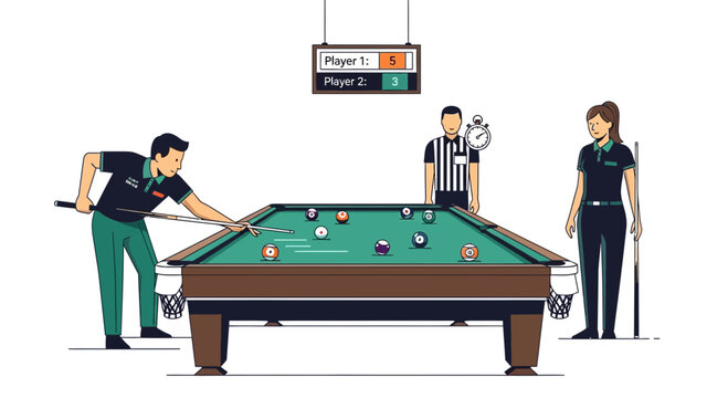 Billiard Game Competition with Players, Referee, and Scoreboard