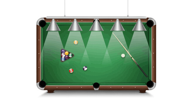 Billiard Table with Balls and Cue Stick Under Spotlight