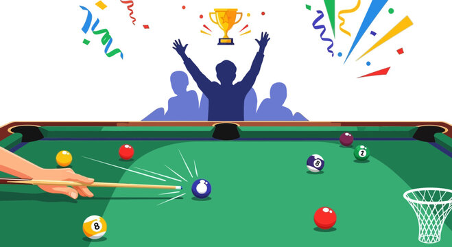 Billiard Game Victory Celebration with Trophy and Confetti