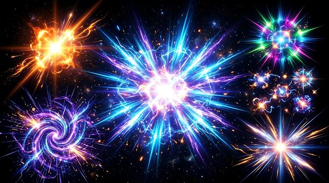 Colorful cosmic energy explosions with vibrant plasma glows in deep space sci-fi background