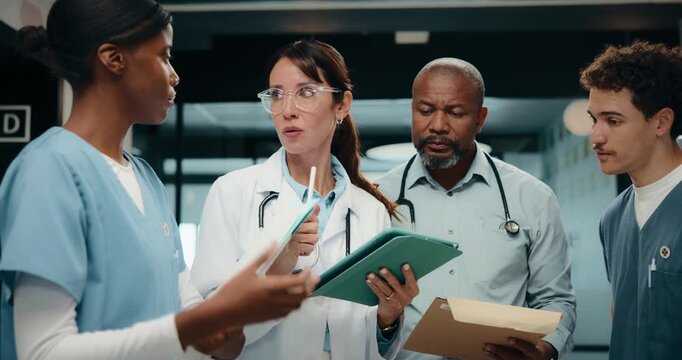 Doctor, team and management with tablet for hospital schedule, planning and healthcare task. Document, digital and medical people with nurses for communication, leadership and solution in clinic