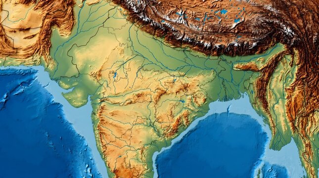 India topographic map displays the diverse relief features of the subcontinent with detailed mountain ranges and surrounding ocean depths.