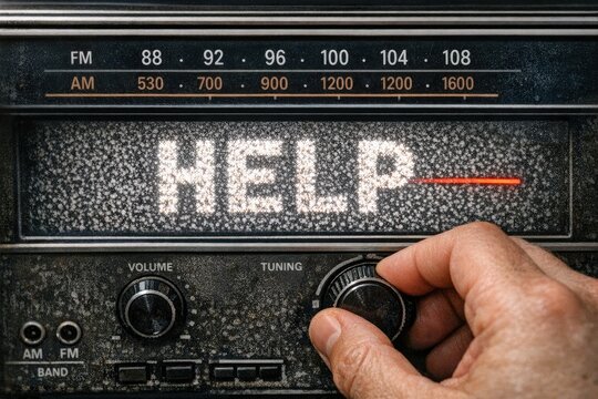 A person presses the help button on a radio, possibly seeking assistance or information
