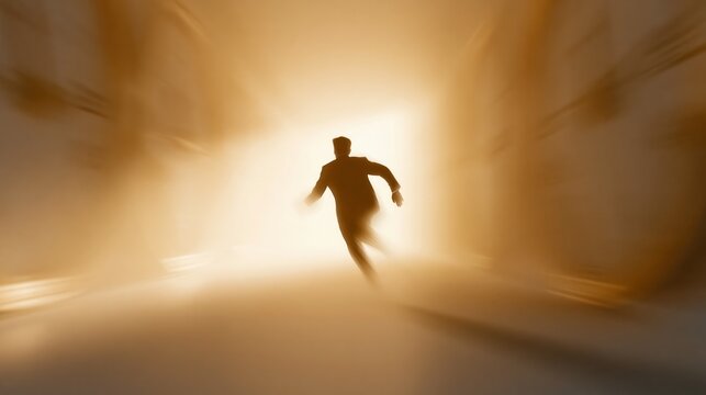 Person Running Towards Light in an Abstract Environment