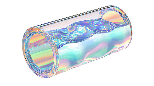 Holographic 3d cylinder with iridescent liquid inside glowing rainbow colors futuristic technology concept