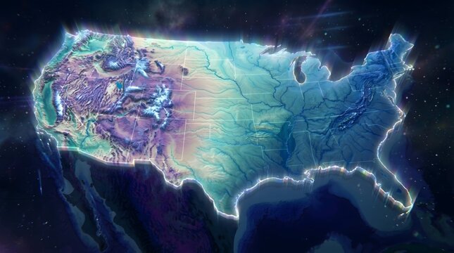 United States map radiates with cool teal neon pulses to illustrate energy flow and digital connectivity across the entire nation.