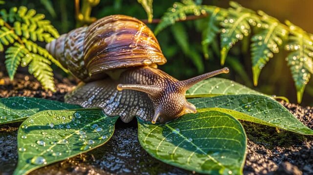 Close-up of a snail with a beautiful shell resting on green leaves with water drops in a tranquil natural environment