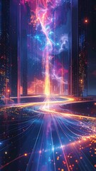 Fototapeta premium A vibrant, futuristic scene with glowing lights and colors