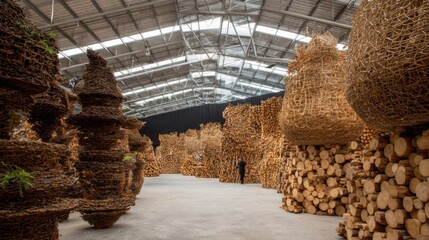 Obraz premium Expansive Warehouse Filled With Abundant Wood Materials, Showcasing Industrial Storage and Sourcing Area