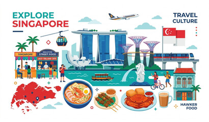 Singapore travel and culture vector illustration with landmark marina bay sands merlion and hawker food. © MdHares