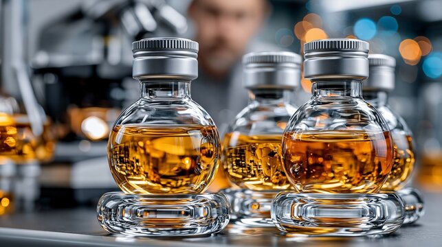 Bottles of amber liquid on table during production in a lab setting with blurred background and lighting