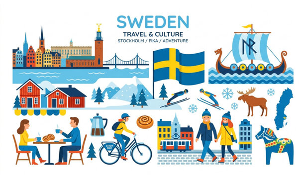 ​Sweden travel and culture vector illustration set with Stockholm city skyline and flag
