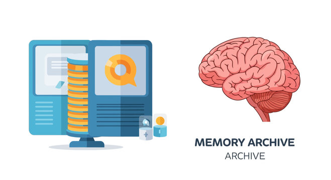Digital Memory Archive: Computer, Brain, Data Storage Concept