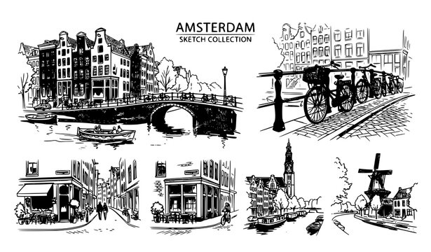 ​Hand drawn Netherlands landmarks vector set featuring amsterdam streets and windmill