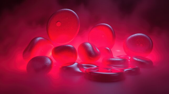 Red blood cells cluster, showcasing biconcave disc shape. Dramatic lighting highlights cellular structures, emphasizing biological detail.