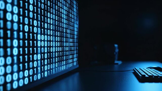 Digital display screen shows flowing binary code in blue tones, with a keyboard and dark workspace visible in the background, creating a tech-focused atmosphere