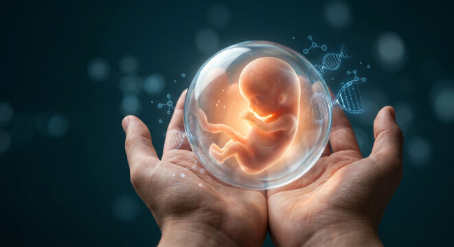 Hands holding transparent bubble with human fetus in laboratory