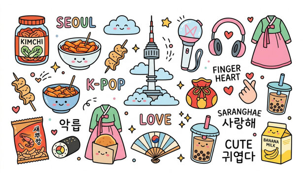 Kawaii South Korea traditional food and k-pop culture doodles sticker set vector illustration