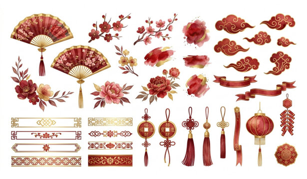 Chinese new year traditional watercolor elements set with gold ornaments
