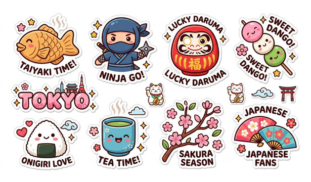 Kawaii Tokyo Japan traditional food and culture stickers set vector illustration