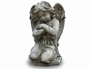 Fototapeta premium Stone angel statue kneeling with hands crossed in prayer, placed in a garden setting during daytime